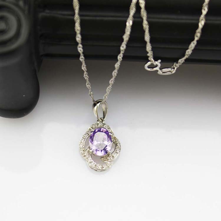 925 Silver Pendant Necklace 7x9mm Oval Lavender Amethyst Cubic Zirconia (PSJ030)