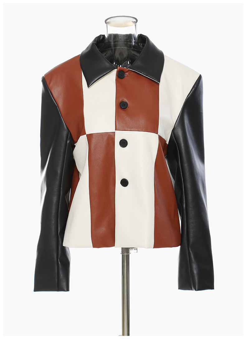 High Fashion Breathable Stitching Color Long Sleeve Button Cropped PU Baseball Leather Jackets