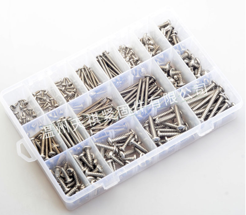 17*10*2.3 Screw nut combination set 380pcs stainless steel 304 din7981 cross pan head / round head self tapping m3m4m5 Assortment kit