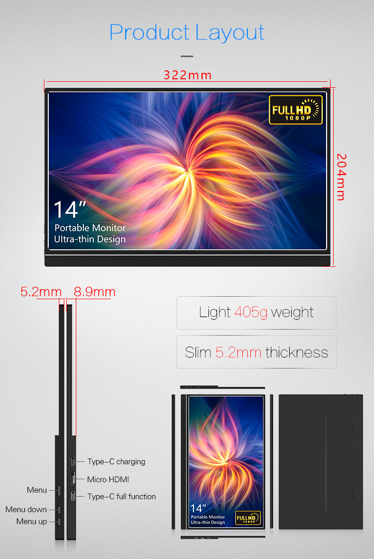 USB C IPS 14" 300cd/m2 Triple Screen Laptop Monitor 5ms
