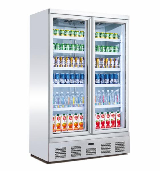 Cheap Upright Commercial Beverage Refrigerator , Bottom Mount Double Door Display Freezer for sale