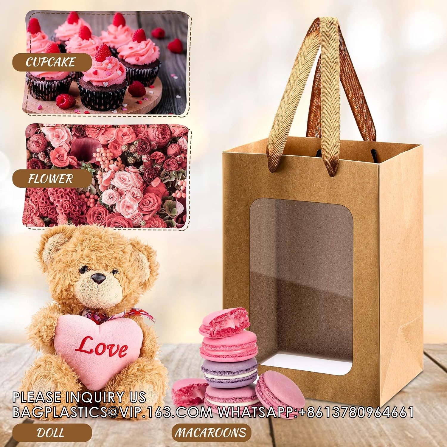 Paper Gift Bags With Clear Window Flower Bouquet Bags for Present Bridal Shower Festivals Party (White)