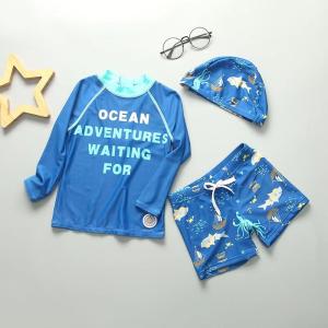 Quality Split Blue Big Boy Swimwear Sets Shark Conservative Boy 3pcs Swimsuit Carton Print wholesale