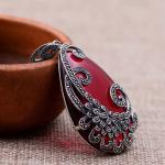 925 Silver Drop Shape Synthetic Garnet Marcasite Retro Pendant Necklace