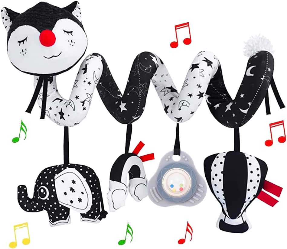 Newborn Musical Black Fox Stroller Toys High Contrast Black and White Toys for Babies