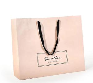 Quality Flat Cotton Handle Custom Design Paper Bags , Printed Paper Shopping Bags Pink Color wholesale