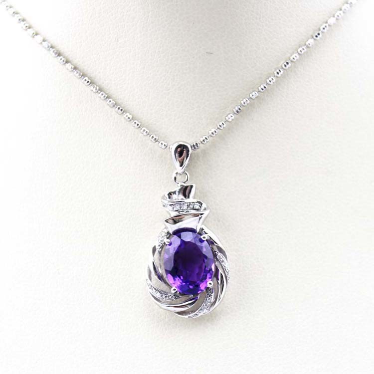 Sterling Silver Chain Necklace with 8x10mm Oval Amethyst Cubic Zircon Pendant (P45)