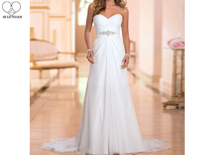 Off White Strapless Chiffon Bridal Gowns Pleating Beaded Belt Back Bandage