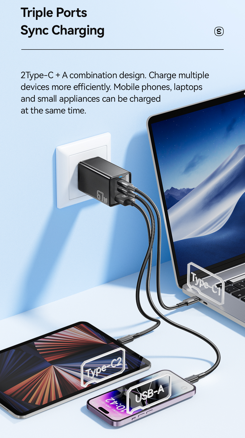 ESSAGER JT-G67TC2U1 Series Multi Port GaN Wall Charger 67W