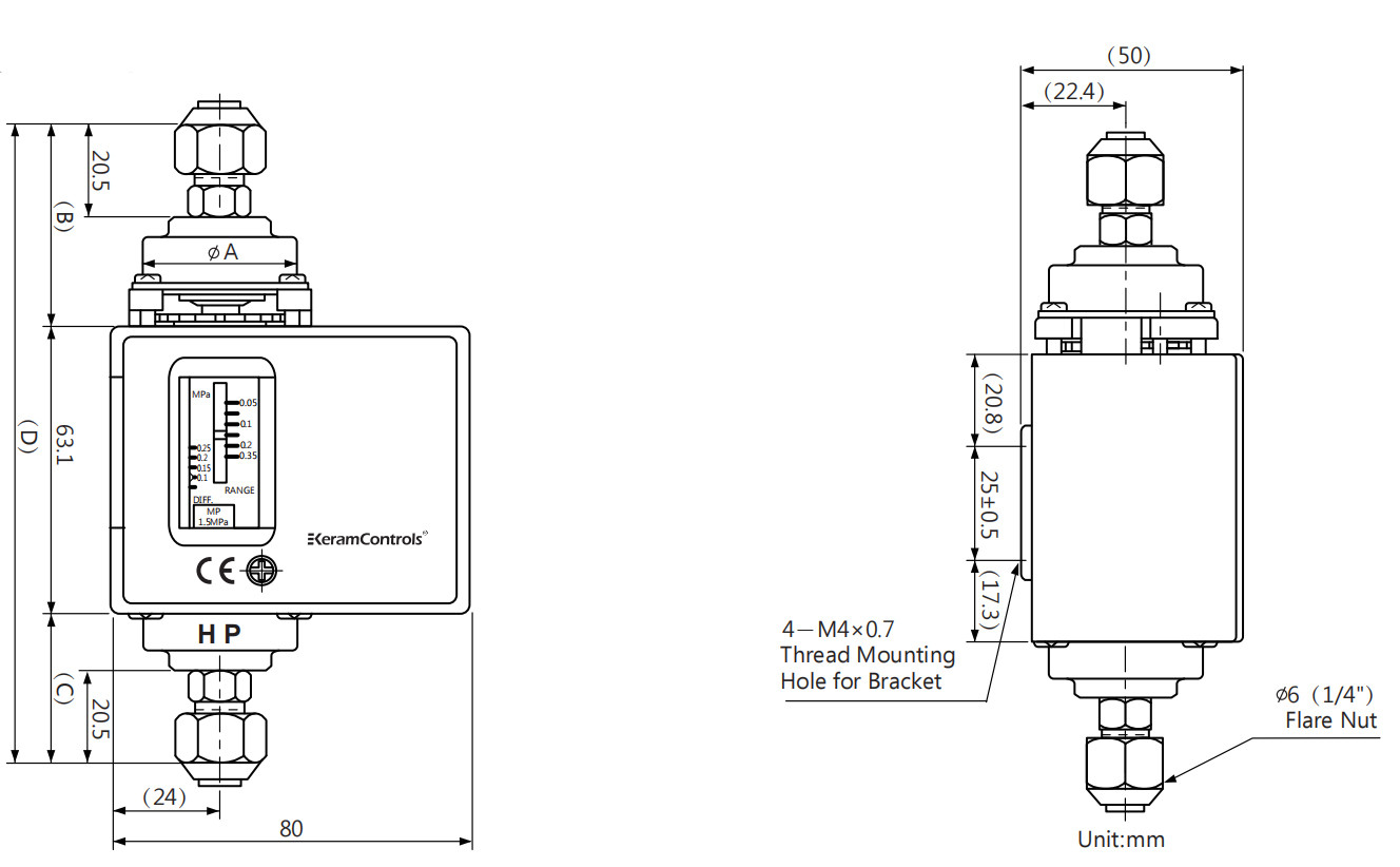 250V CE 15A Differential Pressure Switch For Air