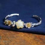 Sterling Silver Natural Jade Culptured Flower Gold Plated Women Bracelet(049924)