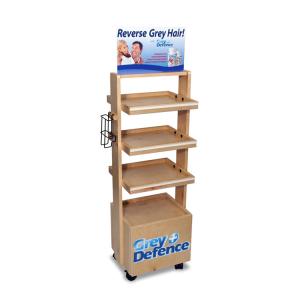 Quality Natural Pinewood Cosmetic Display Stand Custom Wood Display Cases With Wheels wholesale