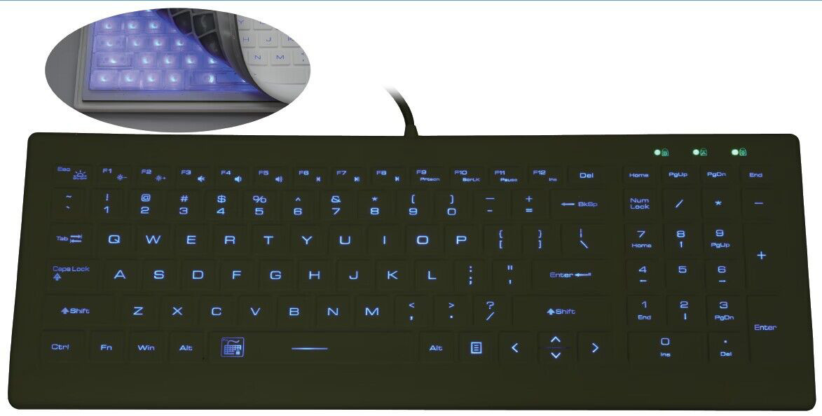 Washable Medical Industrial Silicone Backlit Keyboard With Low-profile Keys