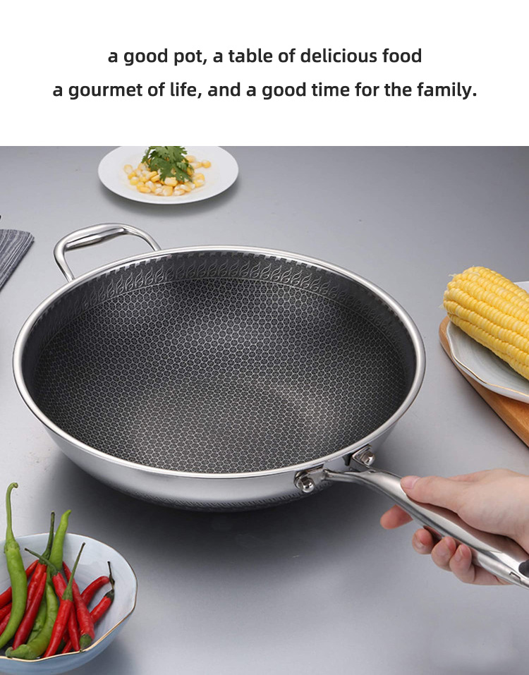 Custom OEM/ODM Kitchen Honeycomb Frying Pan 18/8 Stainless Steel Frypan Non Stick Cooking Pan With Glass Lid