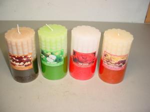 Quality 100% paraffin wax scented pillar candle with clear wrapping and printed label wholesale