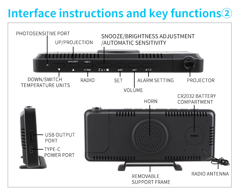 LED Digital Temp And Humidity Meter With Radio And Digital Projection Alarm Clock Black And Silver