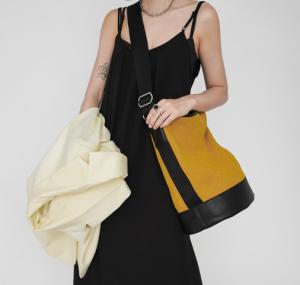 Quality Stitching Linen Shoulder Bag 29cm 34cm Yellow Leather Bucket Bag wholesale