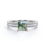 Princess Cut Natural Druzy Moss Green Agate And Moissanite Milgrain Border