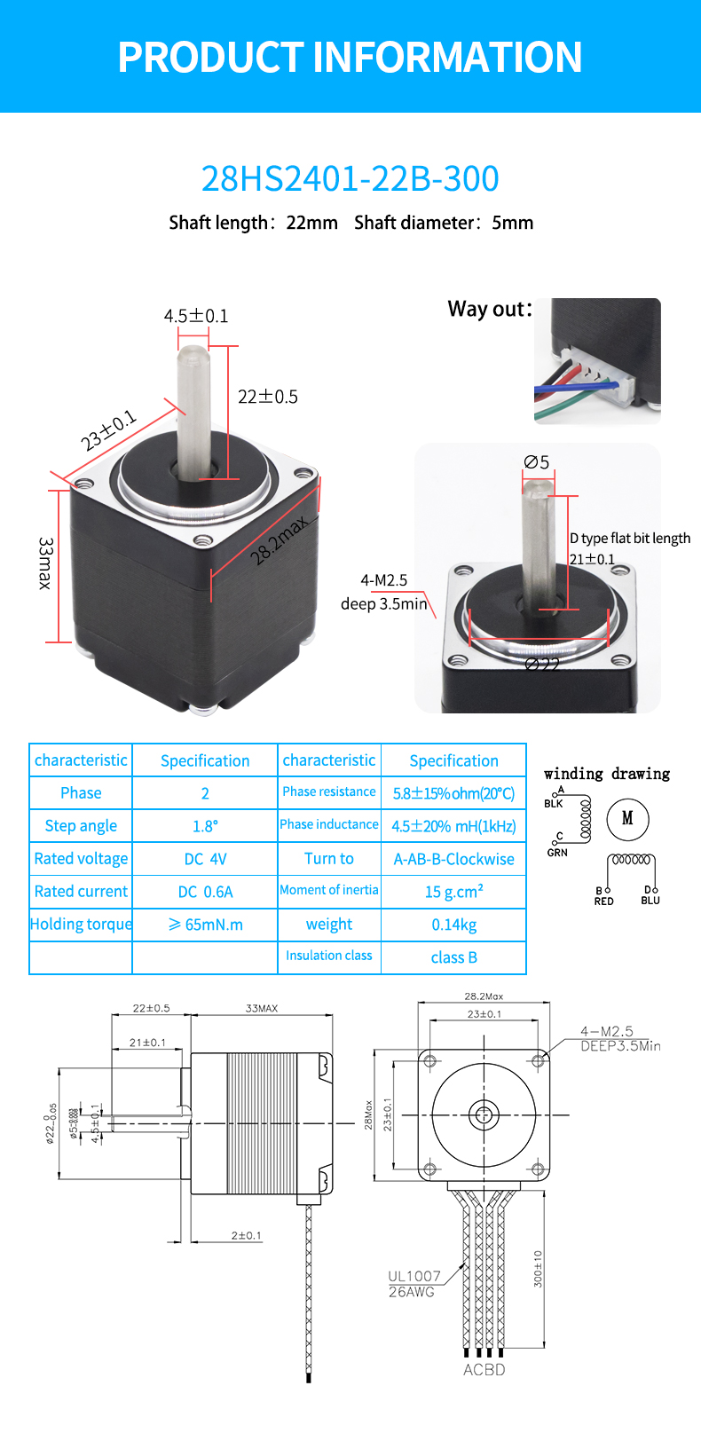 Temperature Rise 80Cmax Nema11 1.8/0.9 Degree 4 Wire Stepper Motor for DC Stepping Motor