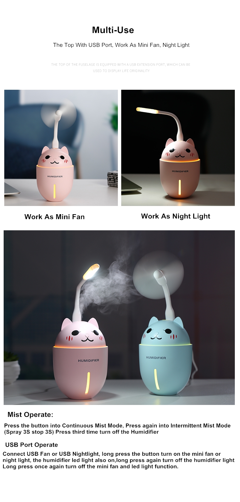 3 in 1 320ML USB Air Humidifier Ultrasonic Cool-Mist Adorable Pet Mini Humidifier With LED Light Mini USB Fan