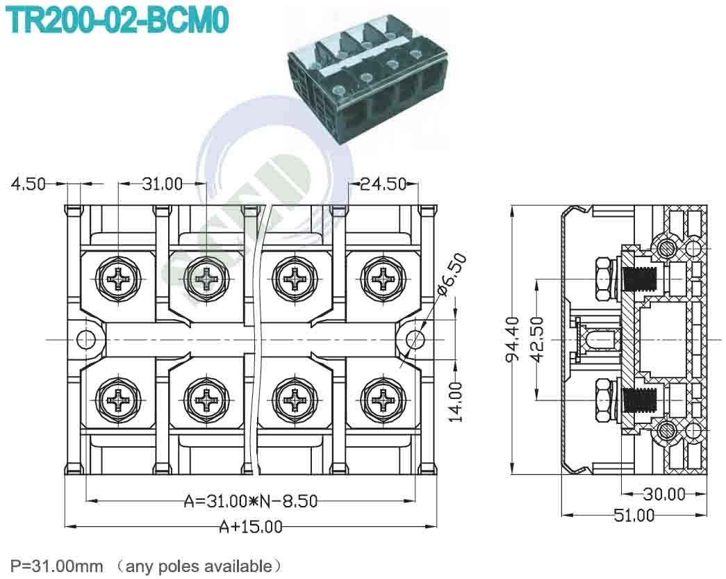 Black High Current PC Terminal Block Pitch 31.00mm 600V 200A For Rail Transportation