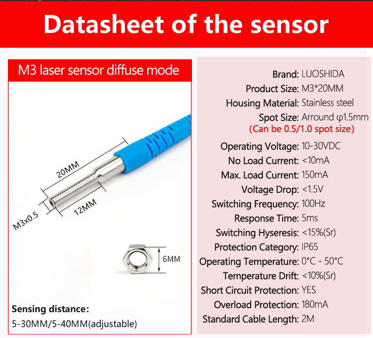 LUOSHIDA Small Diffuse Laser Sensor Diffuse Photoelectric Sensor NPN PNP NO NC Output