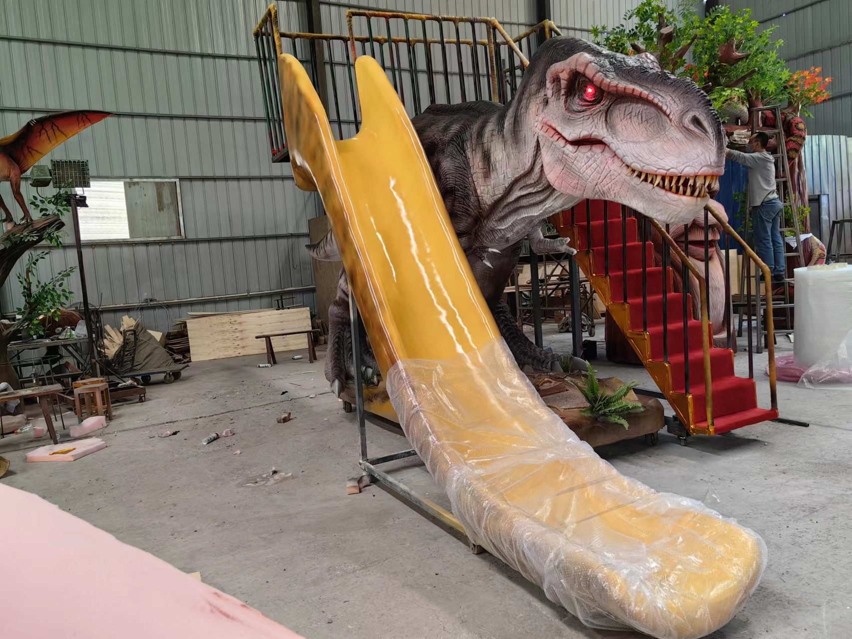 Fiberglass Dinosaur Slides T Rex Slider With Stair Playground Equipment