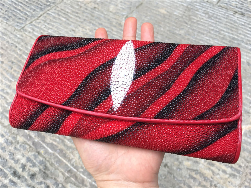 Authentic Stingray Skin Female Long Trifold Wallet Coin Case Genuine Leather Women Large Red Clutch Purse Lady Money Bag