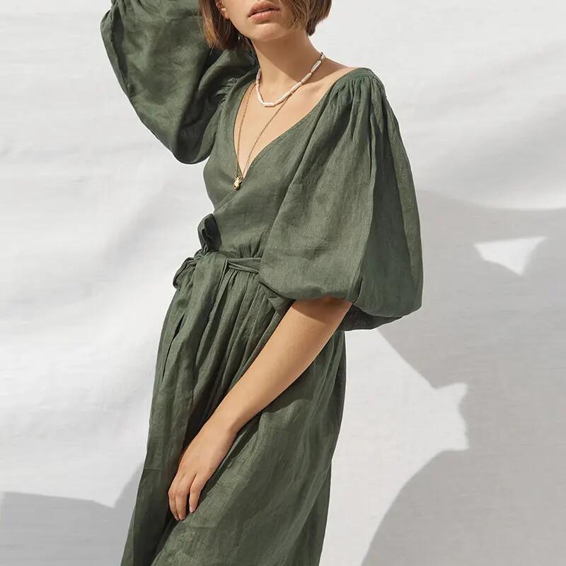 Summer Cotton Linen Women&prime;s Dress Fashion Clothing Ladies Puff Sleeve V-Neck Streetwear Party Casual Long Dress