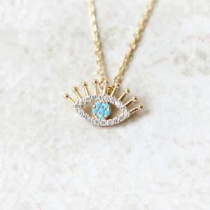 Quality 925 Sterling Silver Micro Pave Clear CZ and Turquoise Evils Eyes Pendant Necklace NECKLACES wholesale