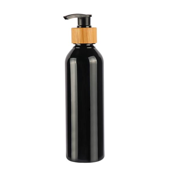 Black Round Shoulder Cosmetic Lotion Bottle Bamboo PET Bottle 180ml 200ml 250ml