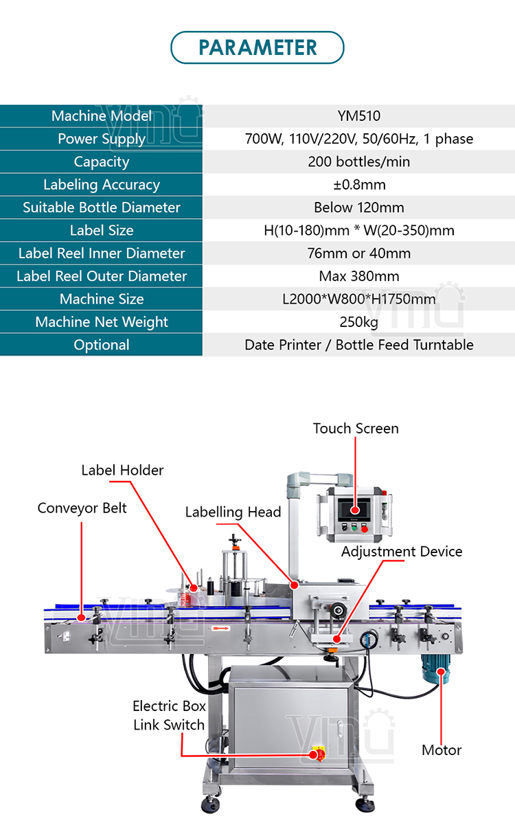 YM510E Spice Jar Vodka Whiskey Round Containers Water Bottle Automatic High Speed Round Bottle Labeling machine