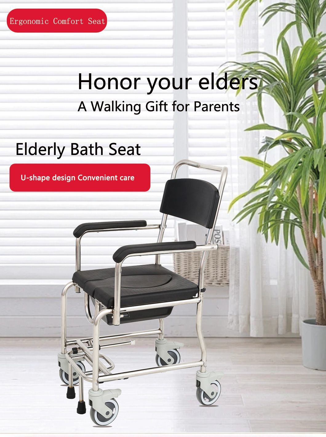 The Latest Waterproof Sturdy Toilet Wheelchair with Wheels, Suitable for The Elderly, Pregnant Women, and Children