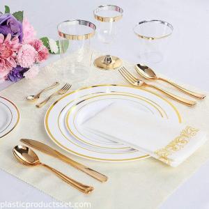 Quality 10.25'' Hot Selling Plastic Plate With Gold Rim Factory Wholesale Bulk Custom Color Dinner Plates wholesale