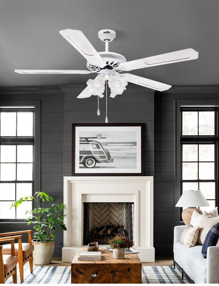 52 Inch 132cm Decorative Pull Chain Ceiling Fan with Lamps and 5 Blades 1stshine OEM