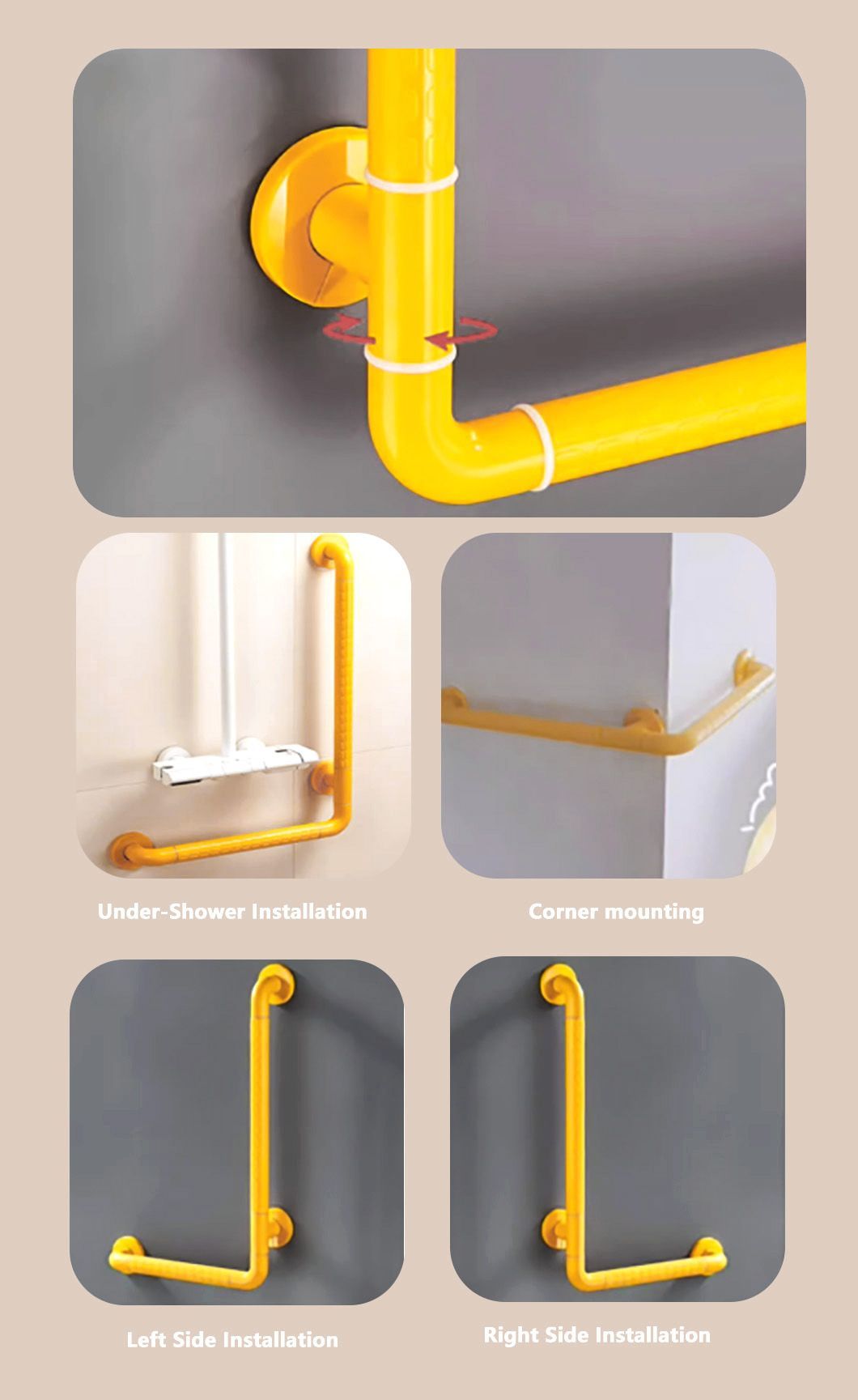 Bathroom Handrail Barrier-Free Toilet Yellow White L-Shaped Wall Handrail Nylon Grab Bar
