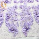 Embroidered 3D Flower Lace Fabric / Purple Lace Material Polyester For Evening