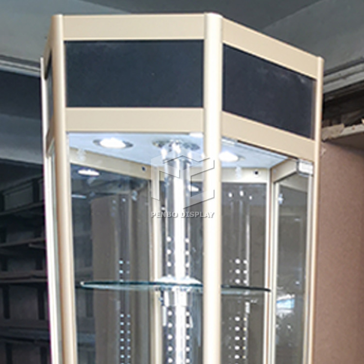 300*300*2000mm Tower Hexagonal Glass Display Showcase Titanium Alloy OEM