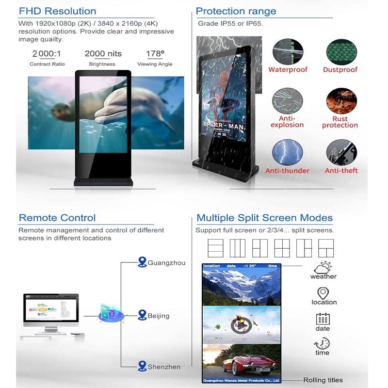 Ip55 Waterproof Outdoor Digital Signage , Floor Stand Advertising Lcd Touch Kiosk