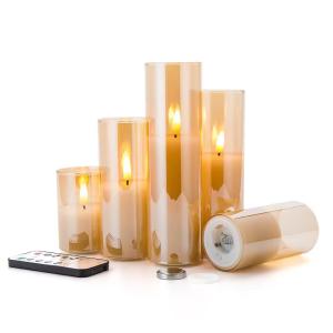 Quality 3D Real Flame Home Decoration Pillar Remote Control Golden Glass LED Candles wholesale