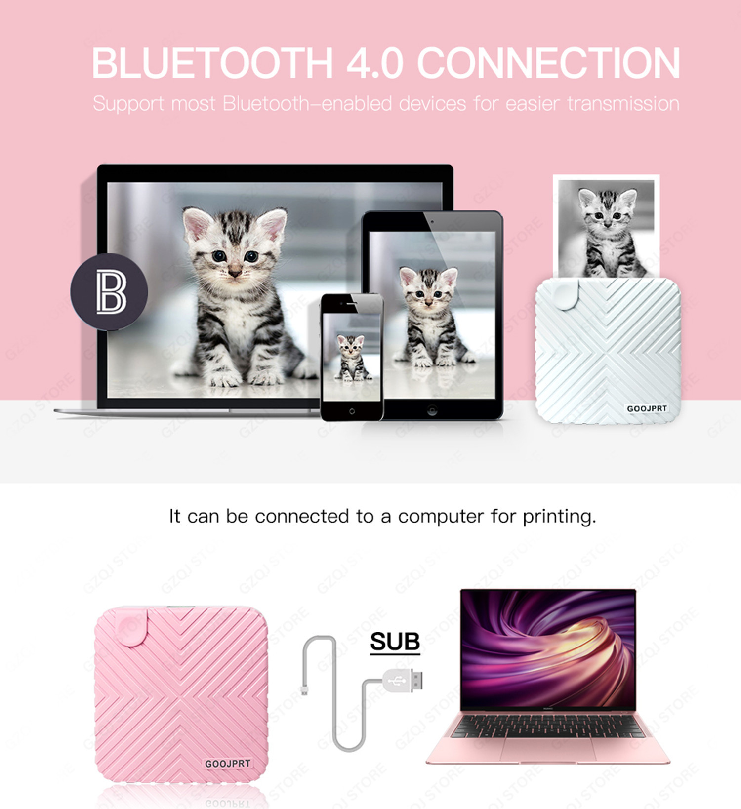 Mini Portable Bluetooth 4.0 Printer Photo Thermal Printer Phone Wireless Connection Printer 1200mAh Battery