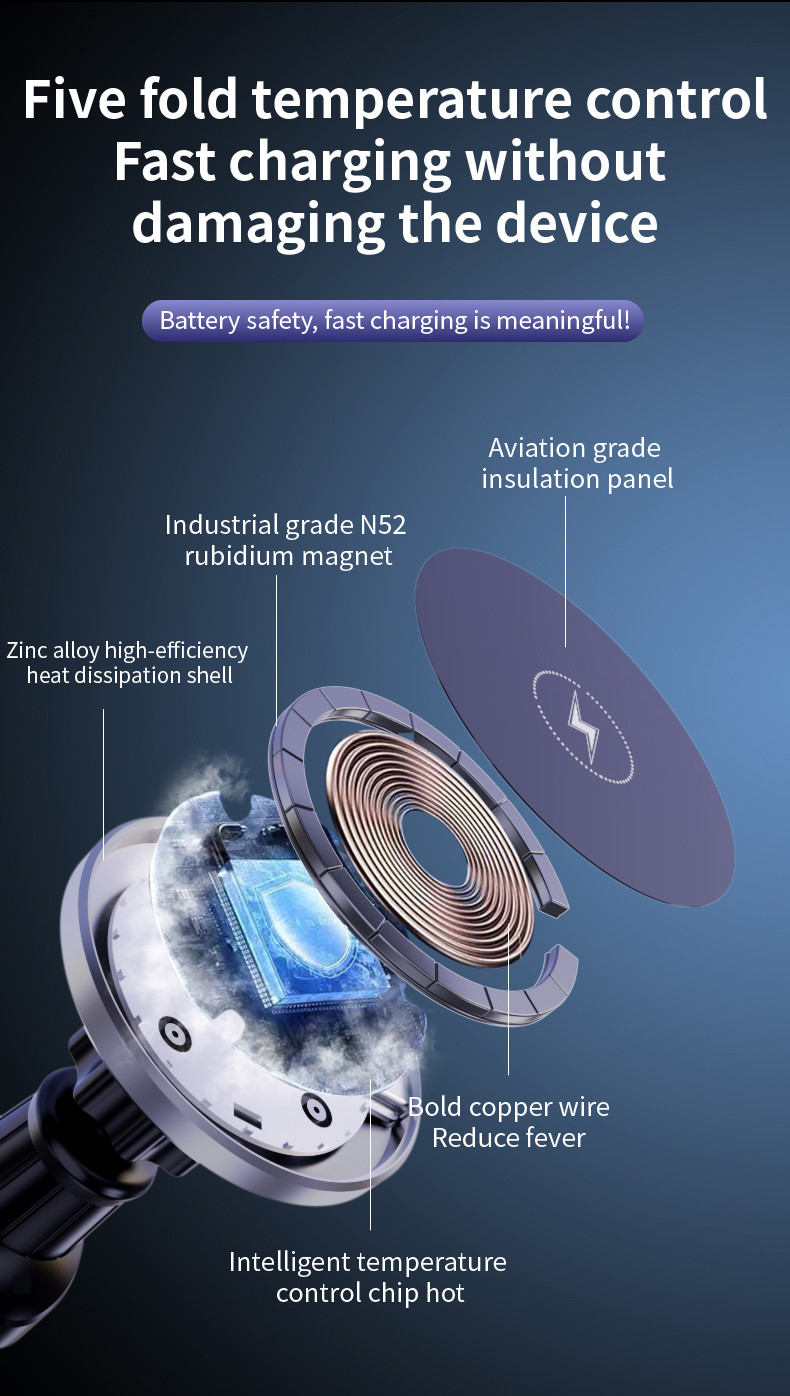 Magnetic Wireless Car Charger with 15W Max Output and 110-205KHz Charging Frequency