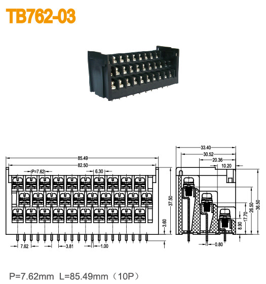 Triple Level Barrier Terminal Block Connector 10 Pin Electric Connector 7.62mm