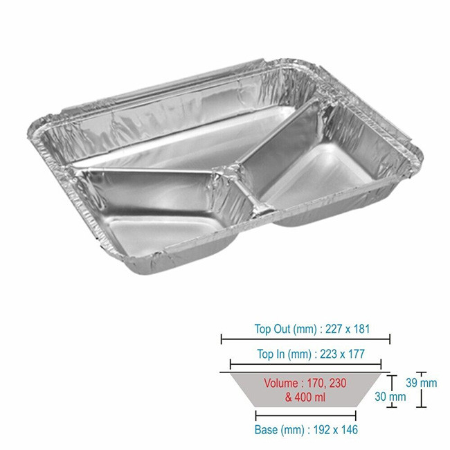 3 Compartment Rectangular Aluminum Foil Plate Food Container With Flat Lids Disposable