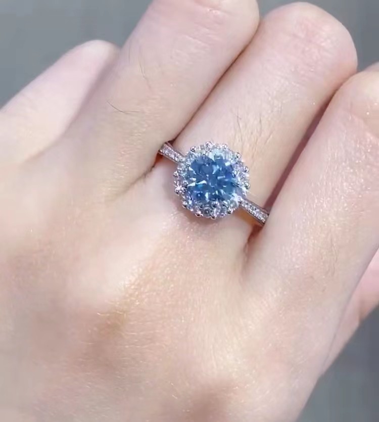 lab created Blue Round Cut Engagement Ring Man Made Diamond Rings IGI Certified