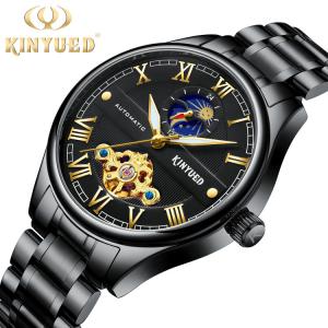 Quality KINYUED luminous moon phase luxury black watch tourbillon automatic mechanical watch for men wholesale