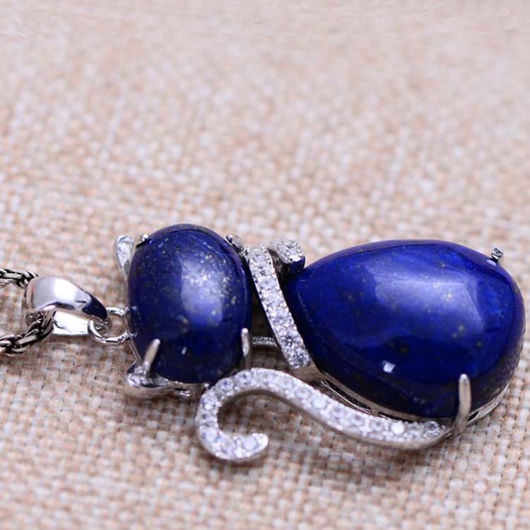 Sterling Silver Lapis Lazuli Cat Shape Women Pendant Necklace (048817W)