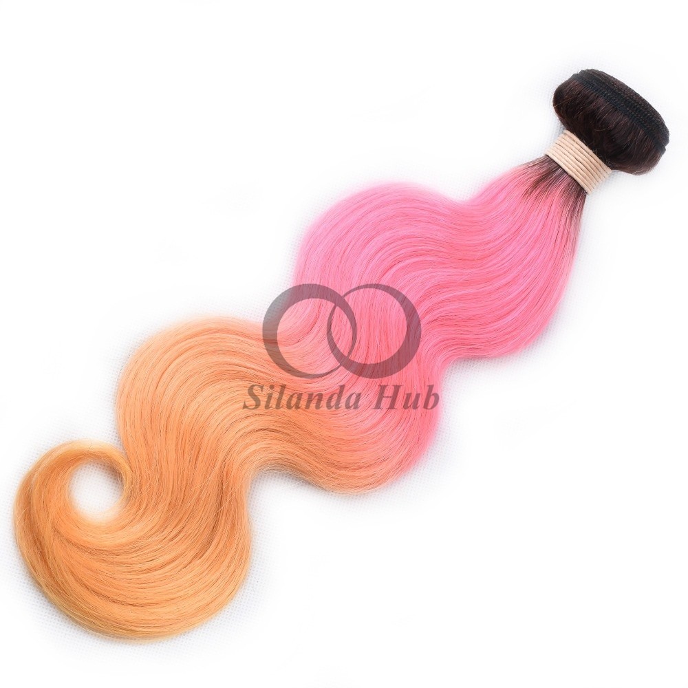 #T1B/Pink/Orange Body Wave Remy Human Hair Bundles Sew In Weave Bundles Brazilian Bundle Deals