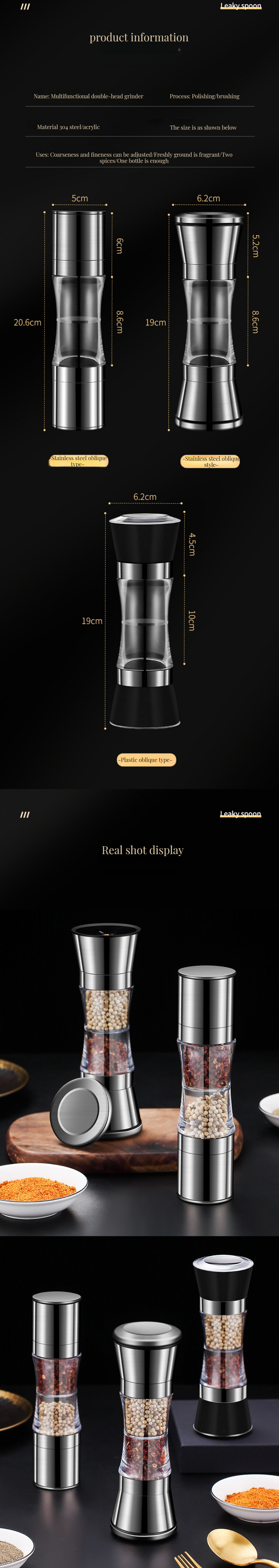 Stainless Steel Manual Bamboo Spice Grinder Function Pepper Mill Salt for Home Kitchen