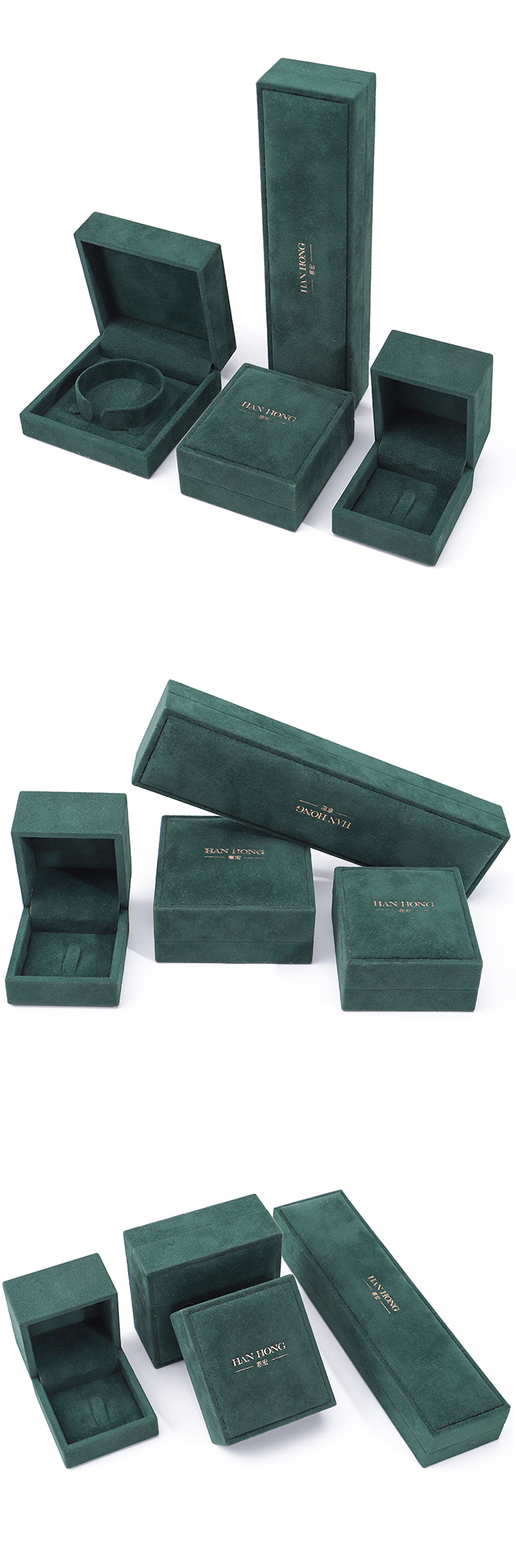 Wholesale Manufacturing Luxury velvet Jewellery Box Personalized Custom logo Dark green Necklace Bracelet Earrings Ring Packaging Velvet Jewelry Box